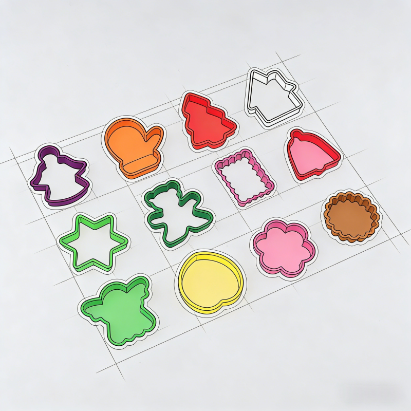 12-piece multi-shaped plastic cookie cutter set, featuring animal, star, and geometric designs, ideal for wholesale bakery supplies and catering procurement